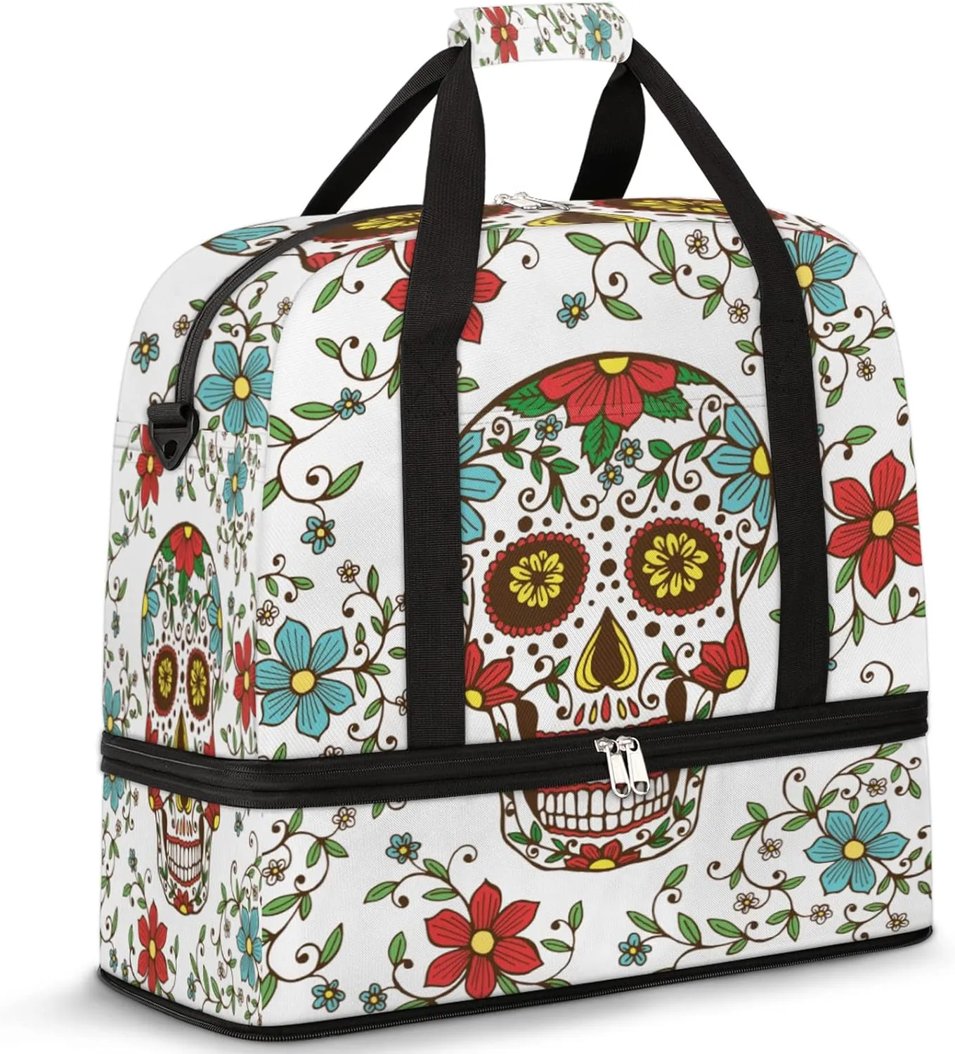 Flower Sugar Skull Sports Tote Gym Bag Travel Duffel Bag With Shoe Compartment,Day Of Dead Flodable Overnight Bag Weekender Bag Carry On Bag Sports Bag for Woman Man Teen Girls Boys
