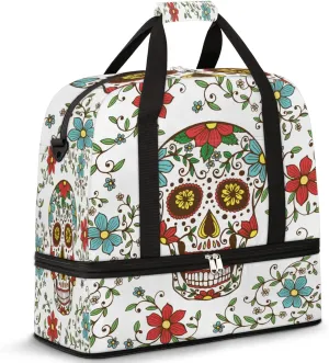 Flower Sugar Skull Sports Tote Gym Bag Travel Duffel Bag With Shoe Compartment,Day Of Dead Flodable Overnight Bag Weekender Bag Carry On Bag Sports Bag for Woman Man Teen Girls Boys