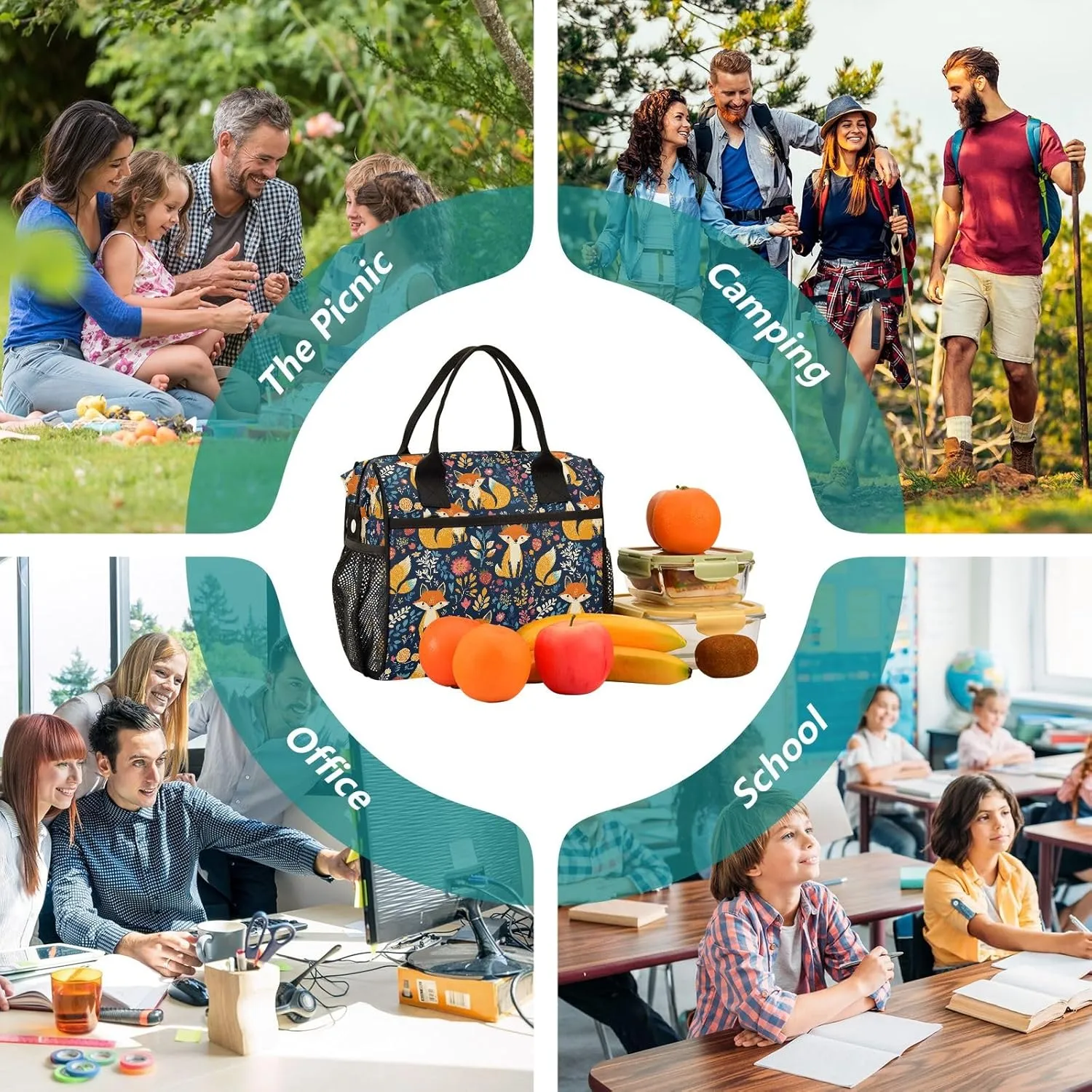 Flower Surrounding The Foxes Large Insulated Lunch Bag for Office Work School Picnic Reusable Tote Bag