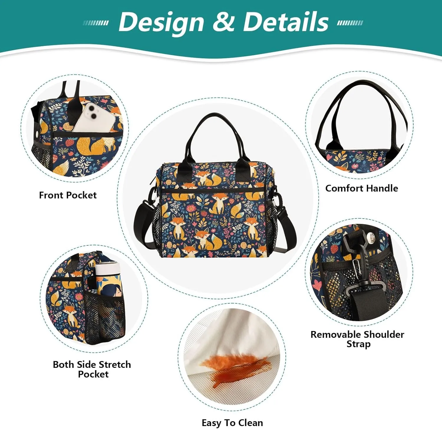 Flower Surrounding The Foxes Large Insulated Lunch Bag for Office Work School Picnic Reusable Tote Bag