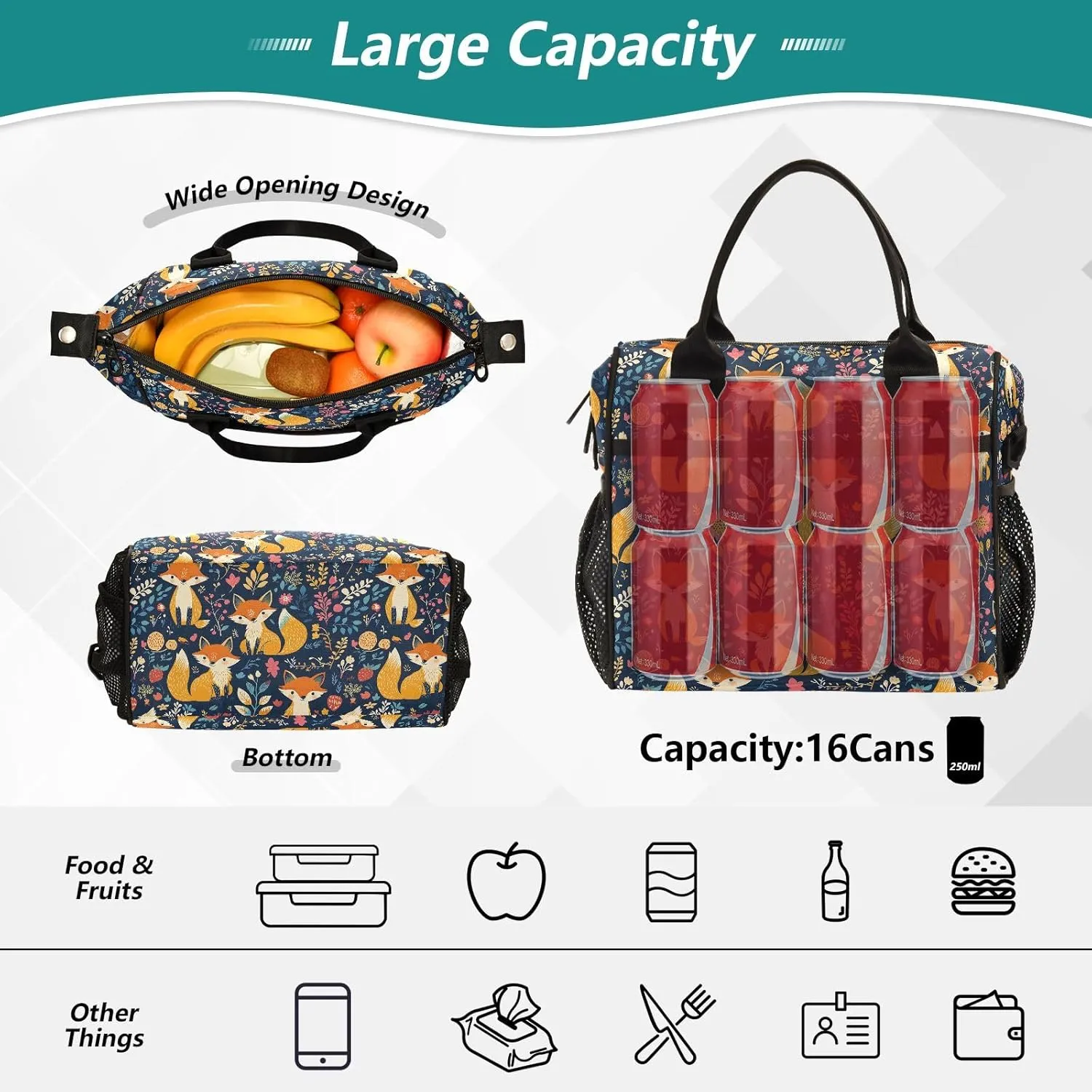Flower Surrounding The Foxes Large Insulated Lunch Bag for Office Work School Picnic Reusable Tote Bag