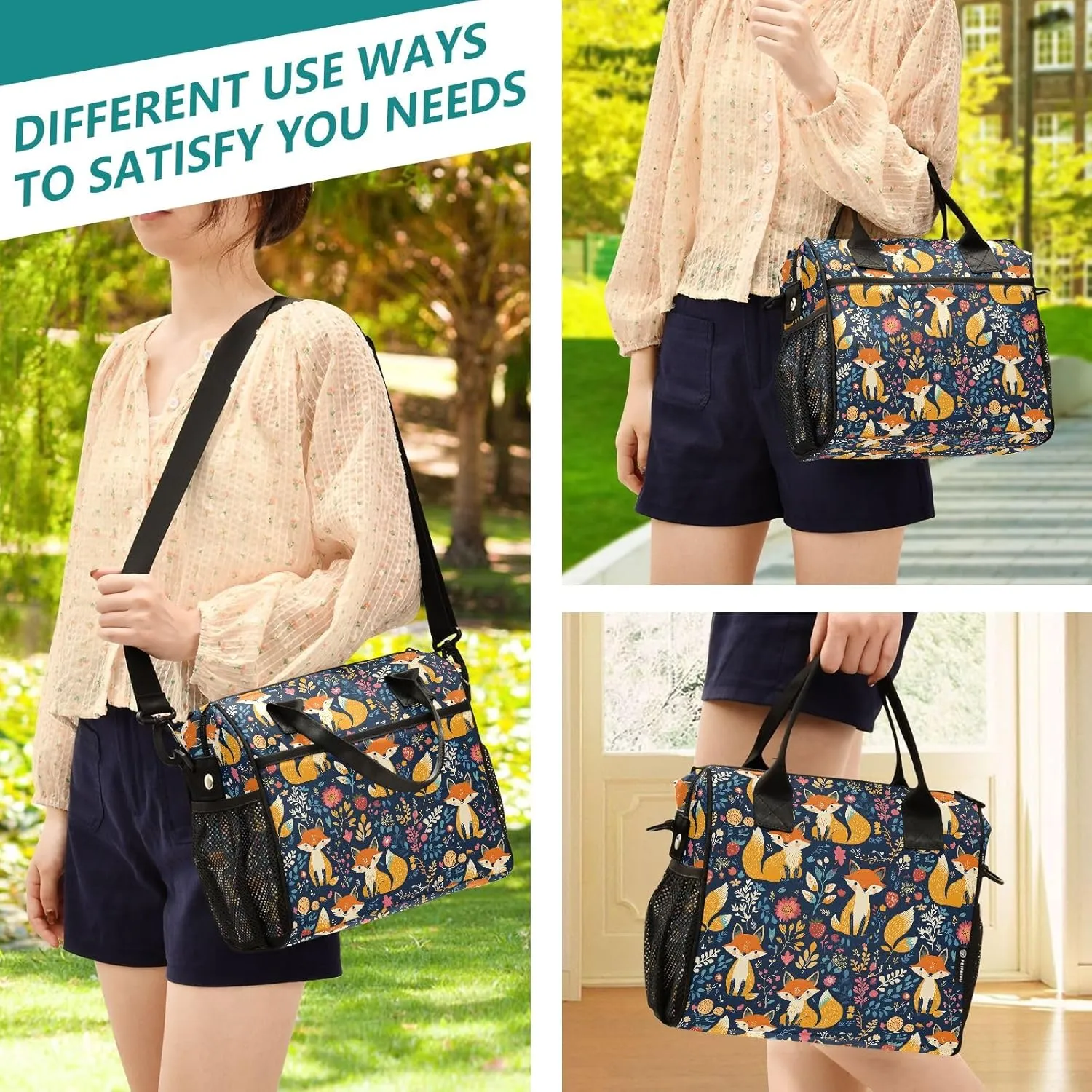 Flower Surrounding The Foxes Large Insulated Lunch Bag for Office Work School Picnic Reusable Tote Bag