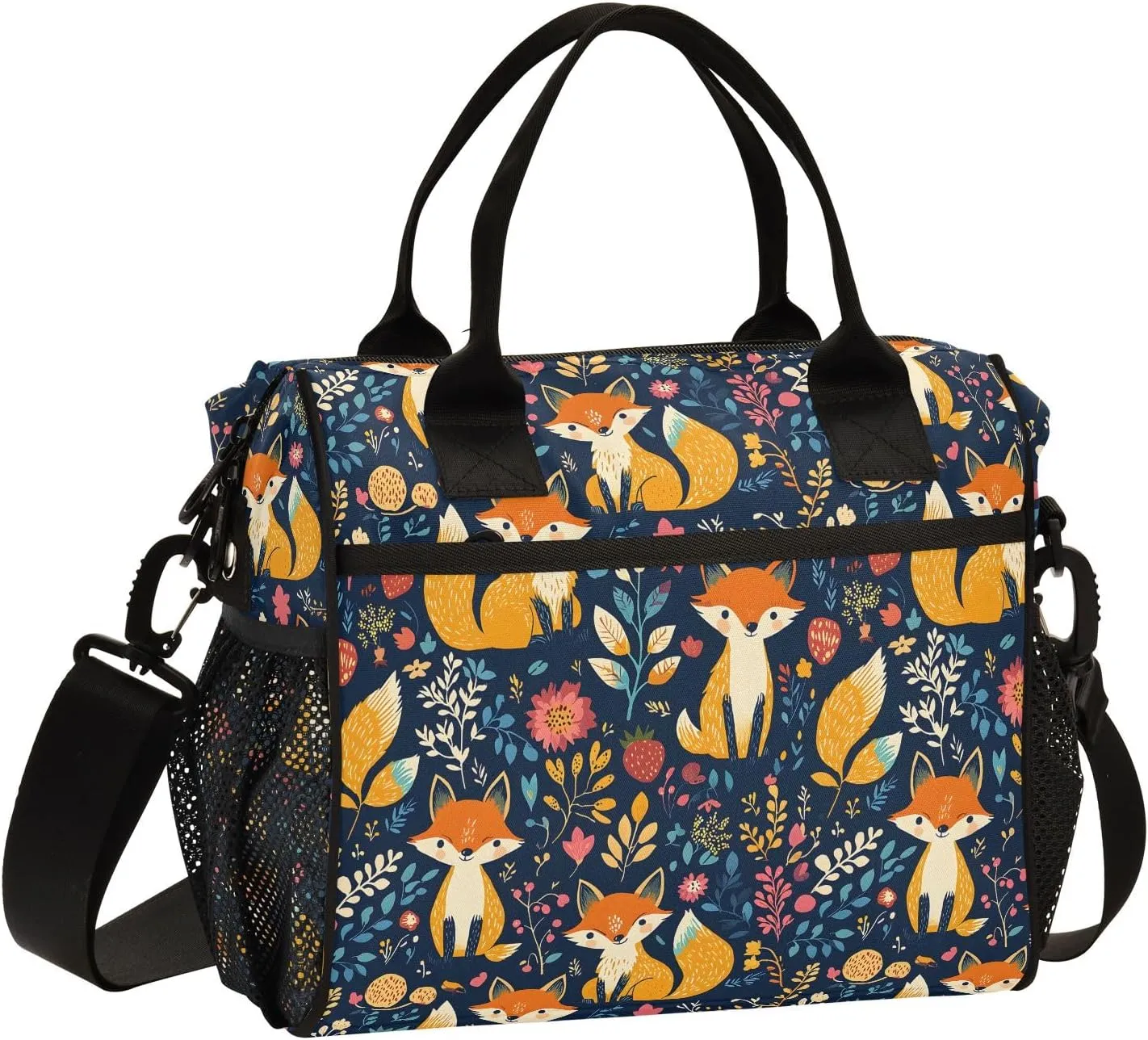 Flower Surrounding The Foxes Large Insulated Lunch Bag for Office Work School Picnic Reusable Tote Bag