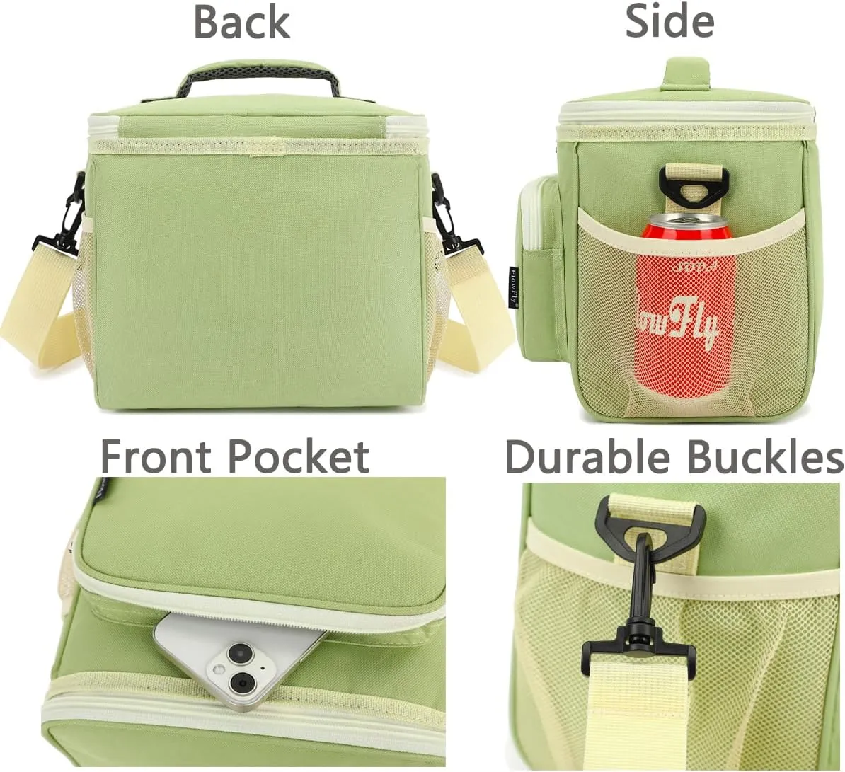 FlowFly Insulated Reusable Lunch Bag Adult Large Lunch Box for Women and Men with Adjustable Shoulder Strap,Front Zipper Pocket and Dual Large Mesh Side Pockets,Light Matcha