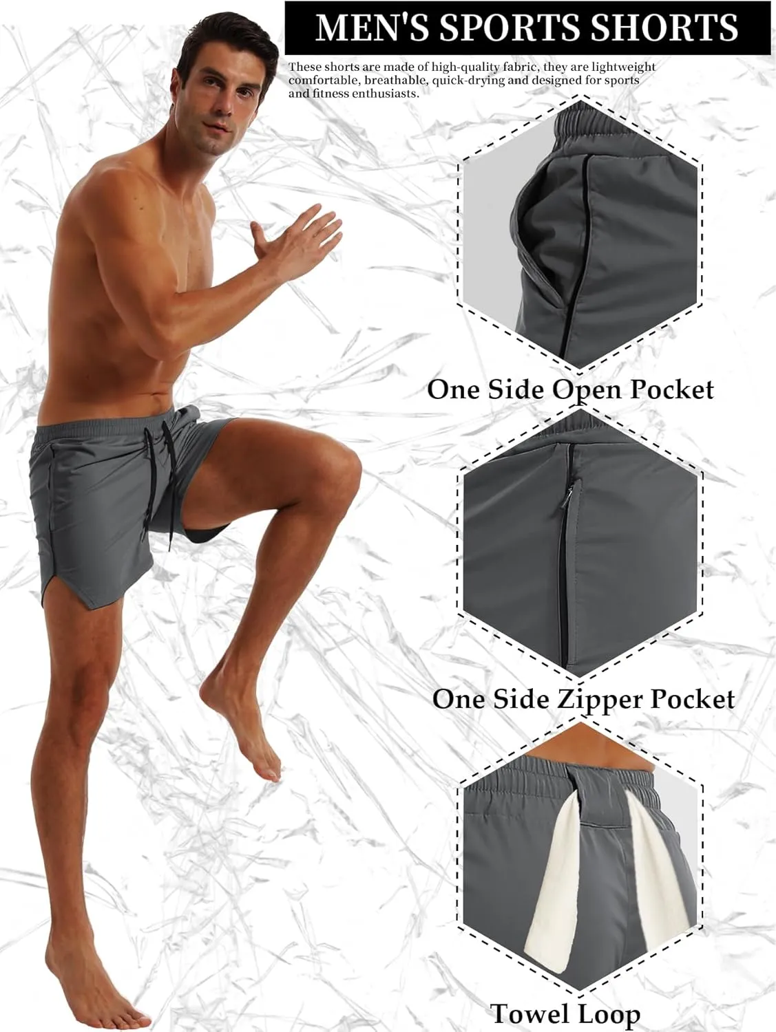 FLYFIREFLY Men's Gym Workout Shorts Quick Dry Lightweight Athletic Shorts Running Bodybuilding Training with Towel Loop