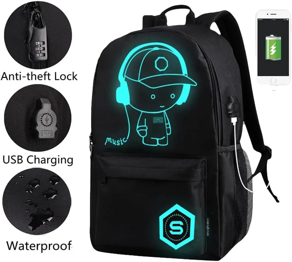 FLYMEI Bookbags for Teen Boys, Anime Cartoon Luminous Backpack with USB Charging Port, 17 Inch Laptop Backpack for Men, School Backpack for Girls/Boys, Cool Anime Backpack, Black