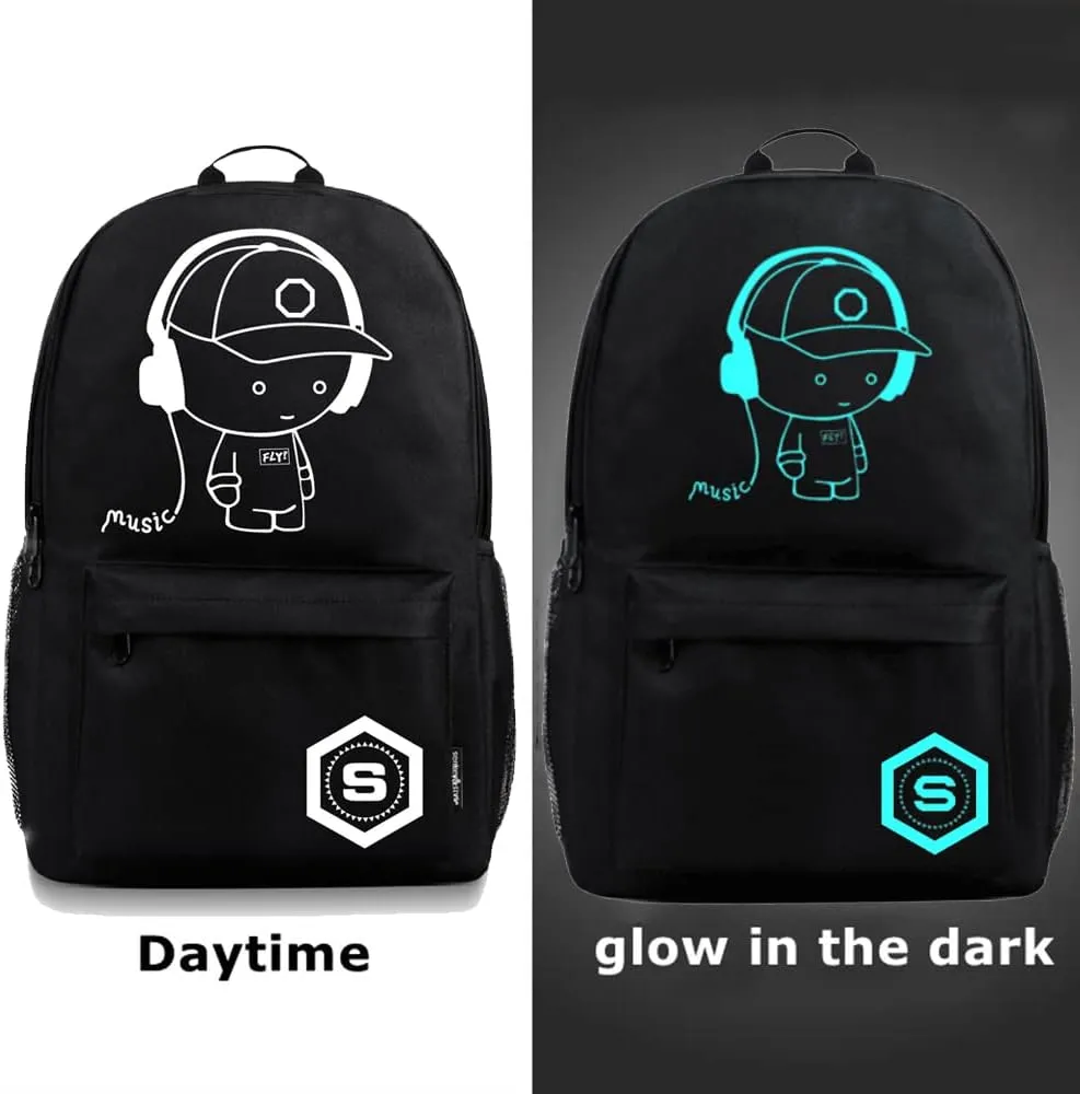 FLYMEI Bookbags for Teen Boys, Anime Cartoon Luminous Backpack with USB Charging Port, 17 Inch Laptop Backpack for Men, School Backpack for Girls/Boys, Cool Anime Backpack, Black