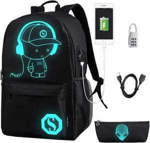 FLYMEI Bookbags for Teen Boys, Anime Cartoon Luminous Backpack with USB Charging Port, 17 Inch Laptop Backpack for Men, School Backpack for Girls/Boys, Cool Anime Backpack, Black