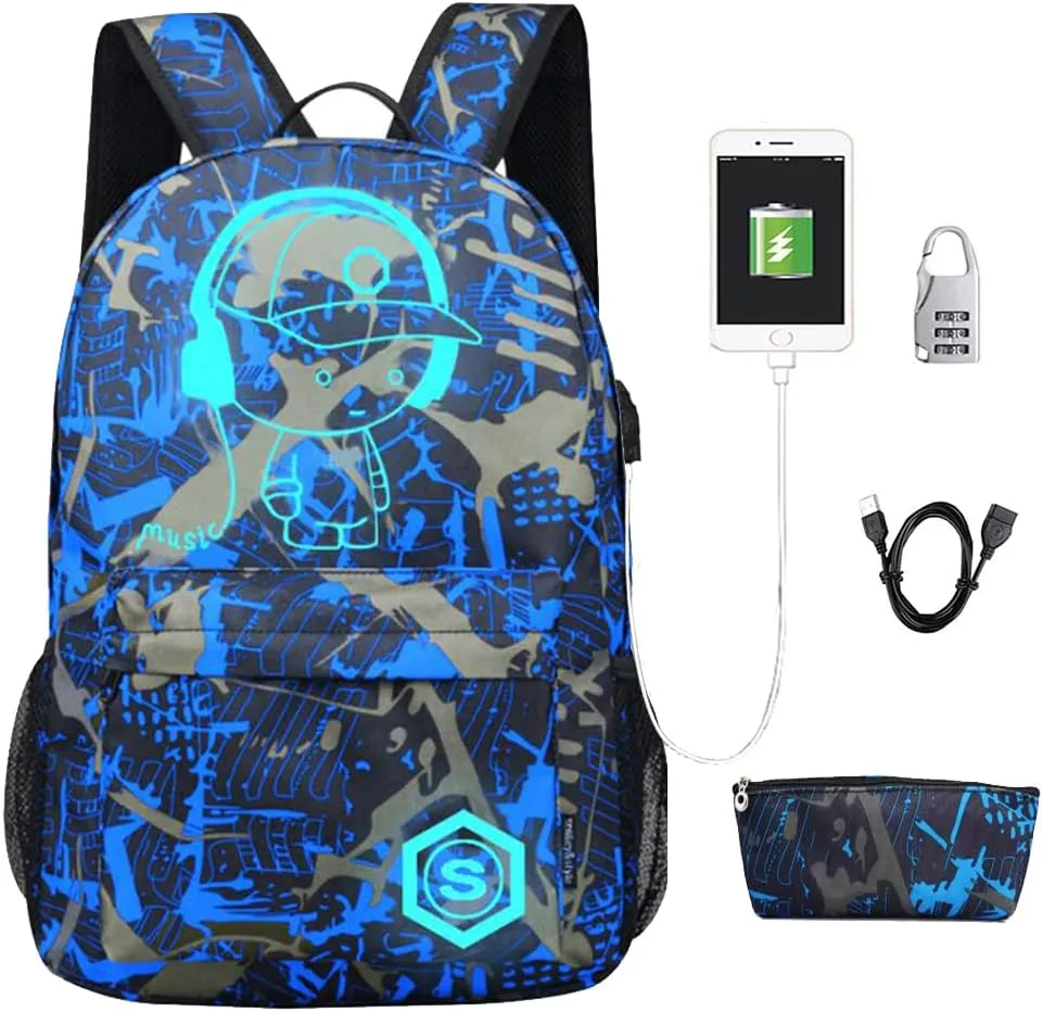 FLYMEI Bookbags for Teen Boys, Anime Cartoon Luminous Backpack with USB Charging Port, 17 Inch Laptop Backpack for Men, School Backpack for Girls/Boys, Cool Anime Backpack, Blue