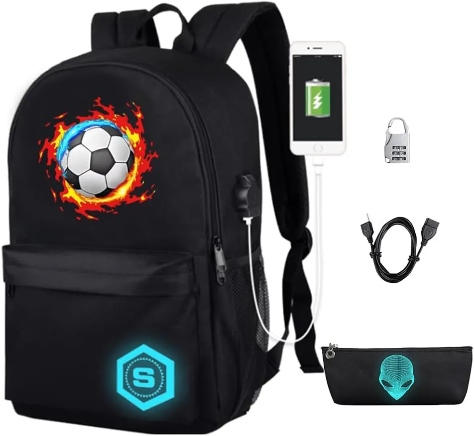 FLYMEI Bookbags for Teen Boys, Anime Cartoon Luminous Backpack with USB Charging Port, 17 Inch Laptop Backpack for Men, School Backpack for Girls/Boys, Cool Anime Backpack, Football