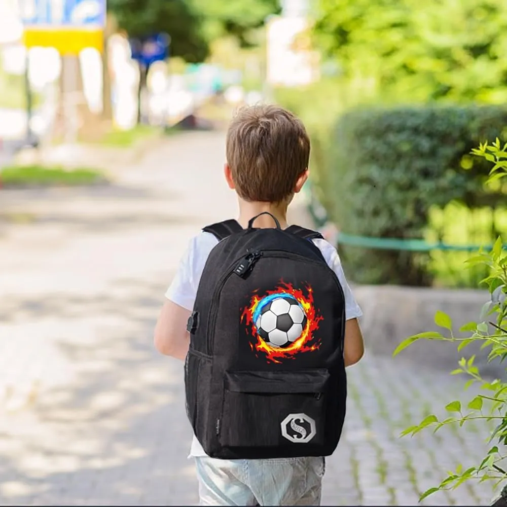 FLYMEI Bookbags for Teen Boys, Anime Cartoon Luminous Backpack with USB Charging Port, 17 Inch Laptop Backpack for Men, School Backpack for Girls/Boys, Cool Anime Backpack, Football