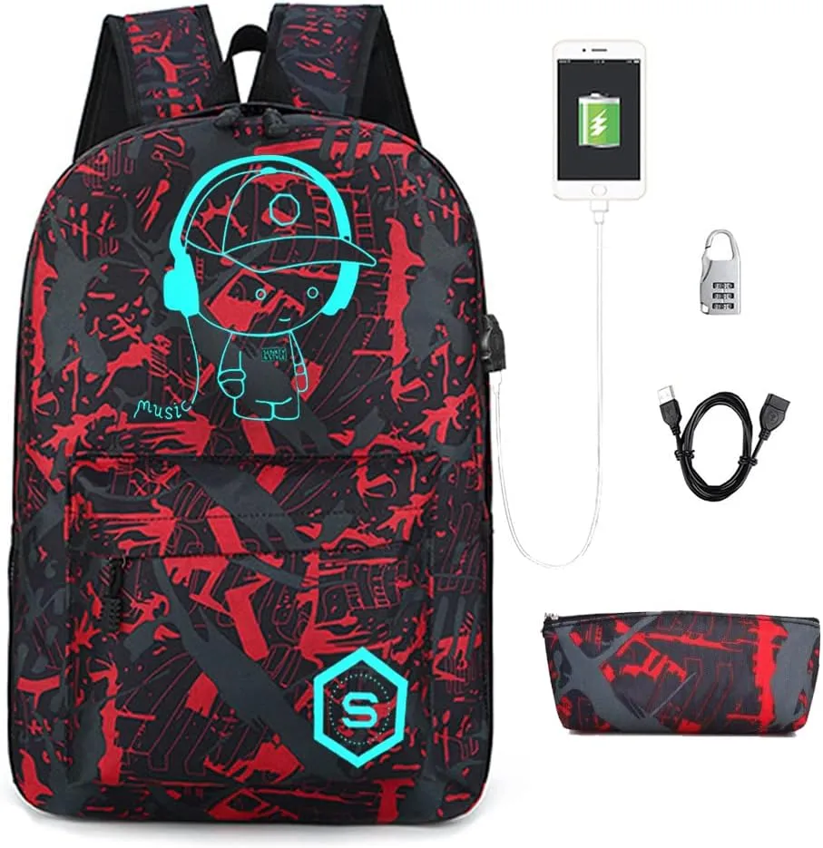 FLYMEI Bookbags for Teen Boys, Anime Cartoon Luminous Backpack with USB Charging Port, 17 Inch Laptop Backpack for Men, School Backpack for Girls/Boys, Cool Anime Backpack, Red