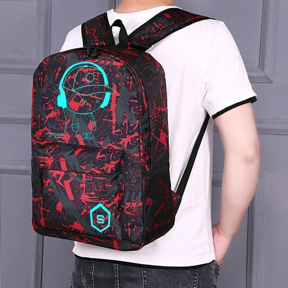 FLYMEI Bookbags for Teen Boys, Anime Cartoon Luminous Backpack with USB Charging Port, 17 Inch Laptop Backpack for Men, School Backpack for Girls/Boys, Cool Anime Backpack, Red