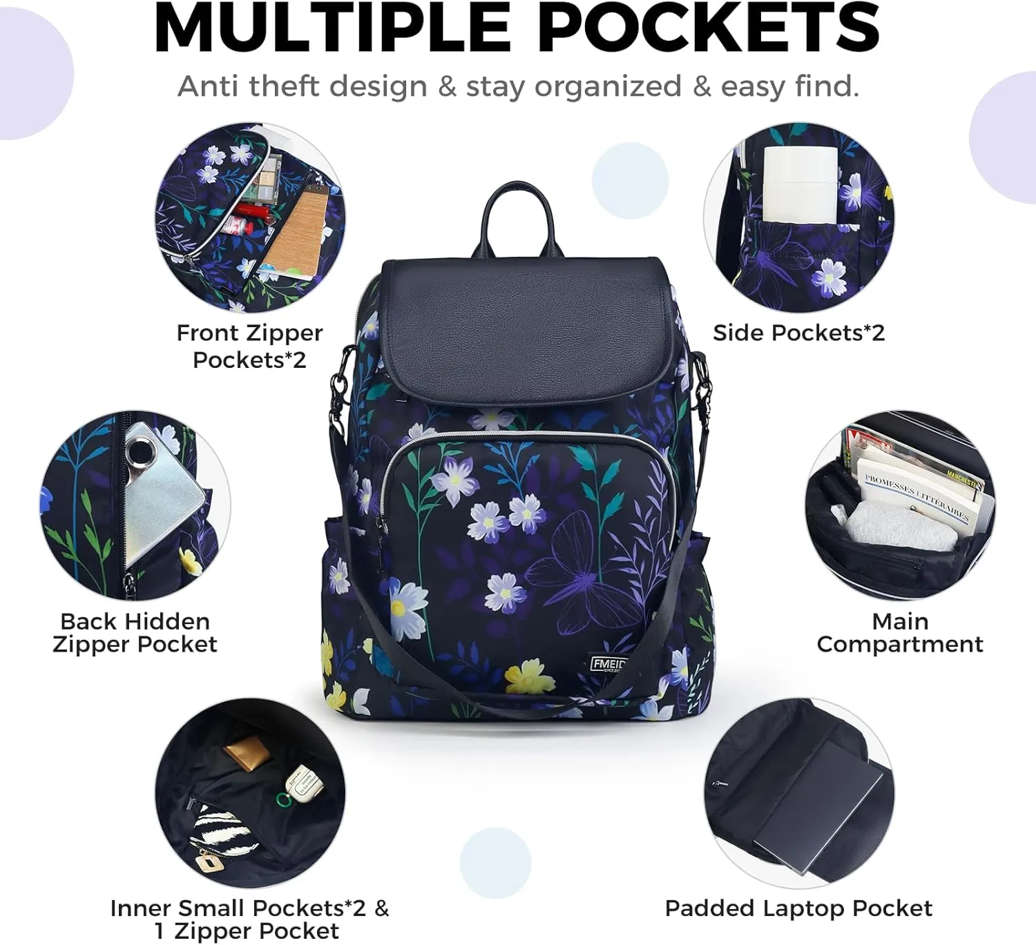 Fmeida Backpack for Women Purse Anti Theft Backpack Work College Bookbag Flower Convertible Back Pack