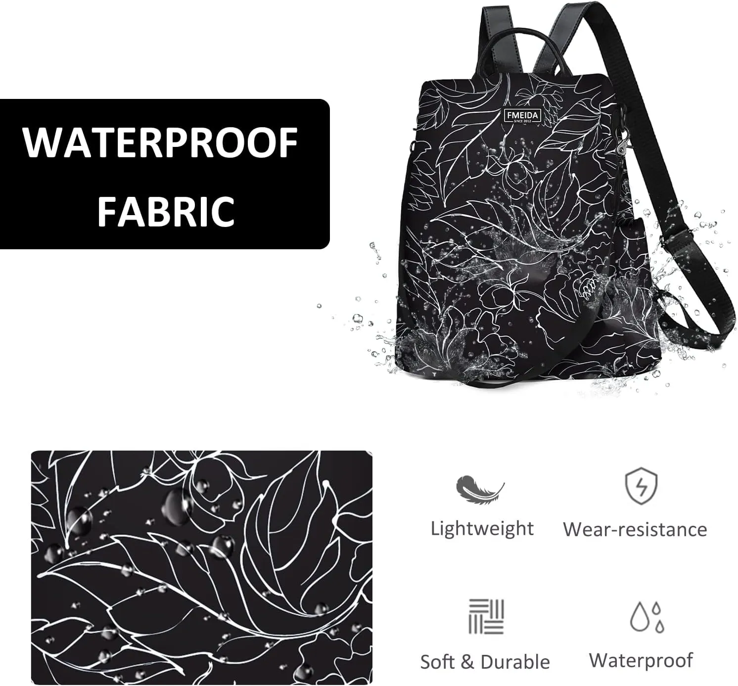 Fmeida Women's Anti-Theft Waterproof Backpack Purse | Lightweight Travel Daypack for College, Work & Outdoor | Nylon Bookbag with Minimalist Floral Design