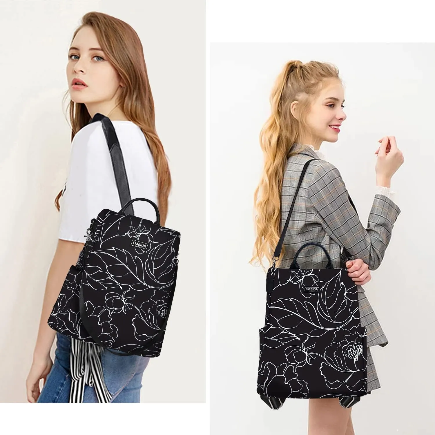 Fmeida Women's Anti-Theft Waterproof Backpack Purse | Lightweight Travel Daypack for College, Work & Outdoor | Nylon Bookbag with Minimalist Floral Design