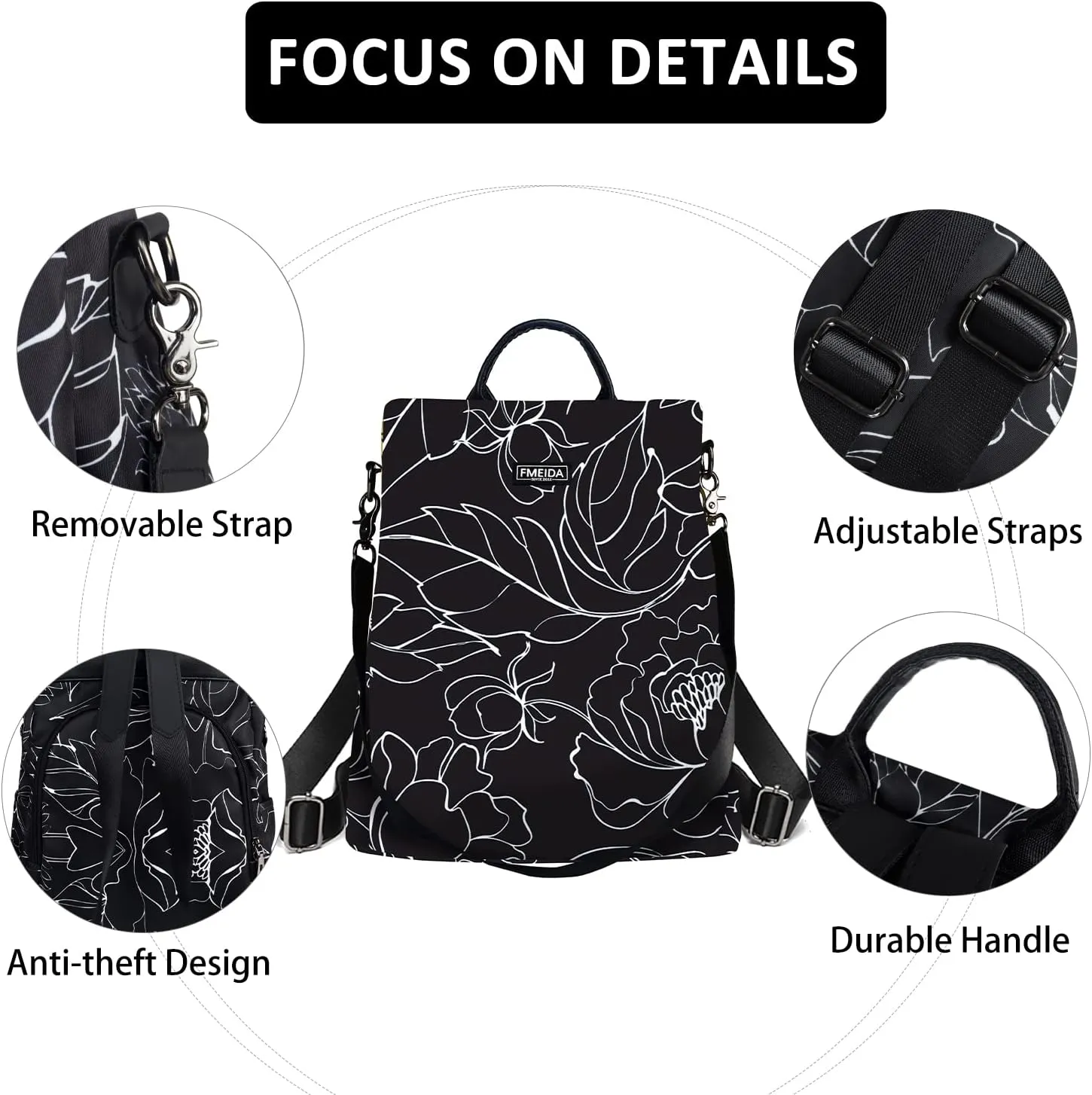 Fmeida Women's Anti-Theft Waterproof Backpack Purse | Lightweight Travel Daypack for College, Work & Outdoor | Nylon Bookbag with Minimalist Floral Design