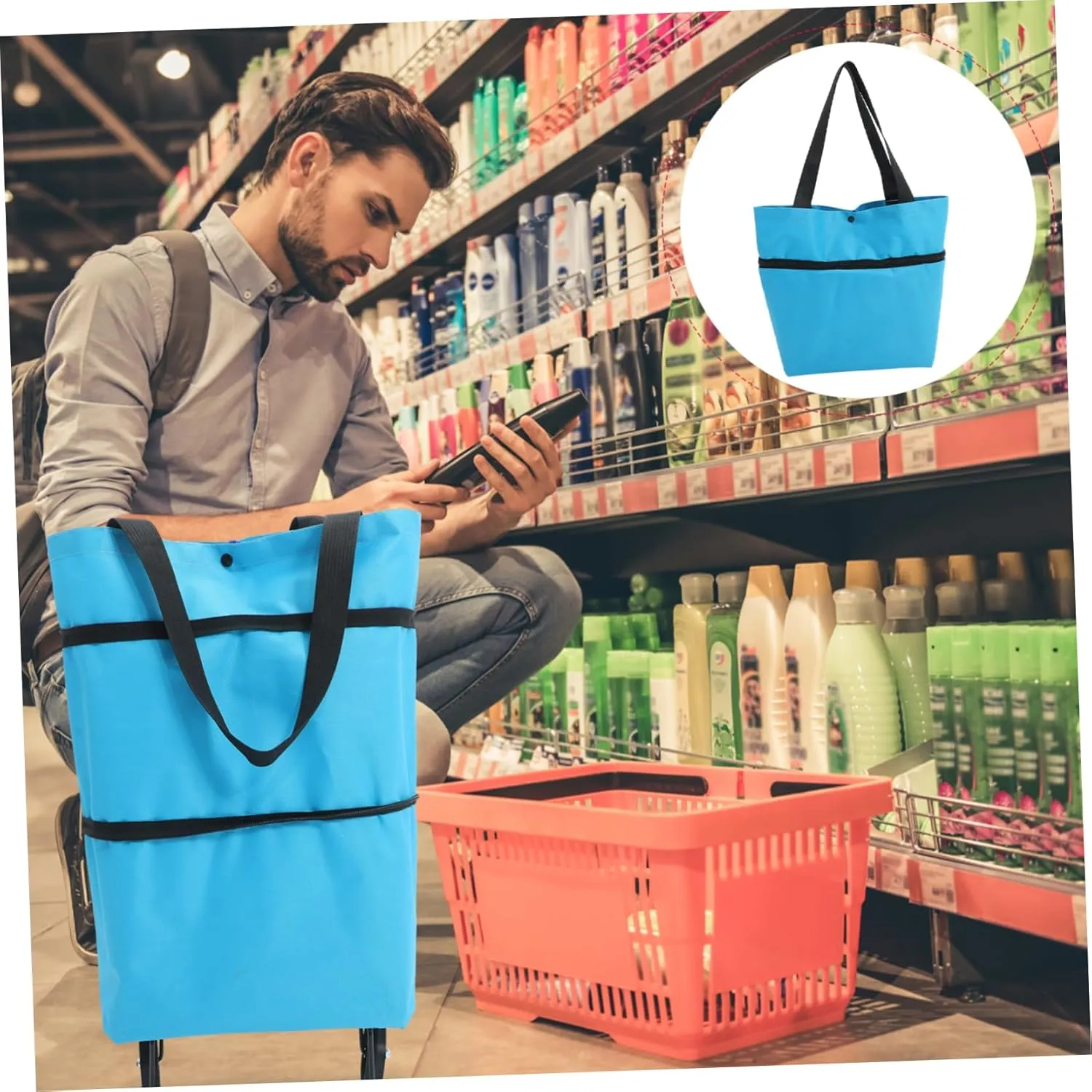 Foldable Grocery Cart Shopping Bag Wheels Collapsible Trolley Large Shopping Bag Storage Wheels