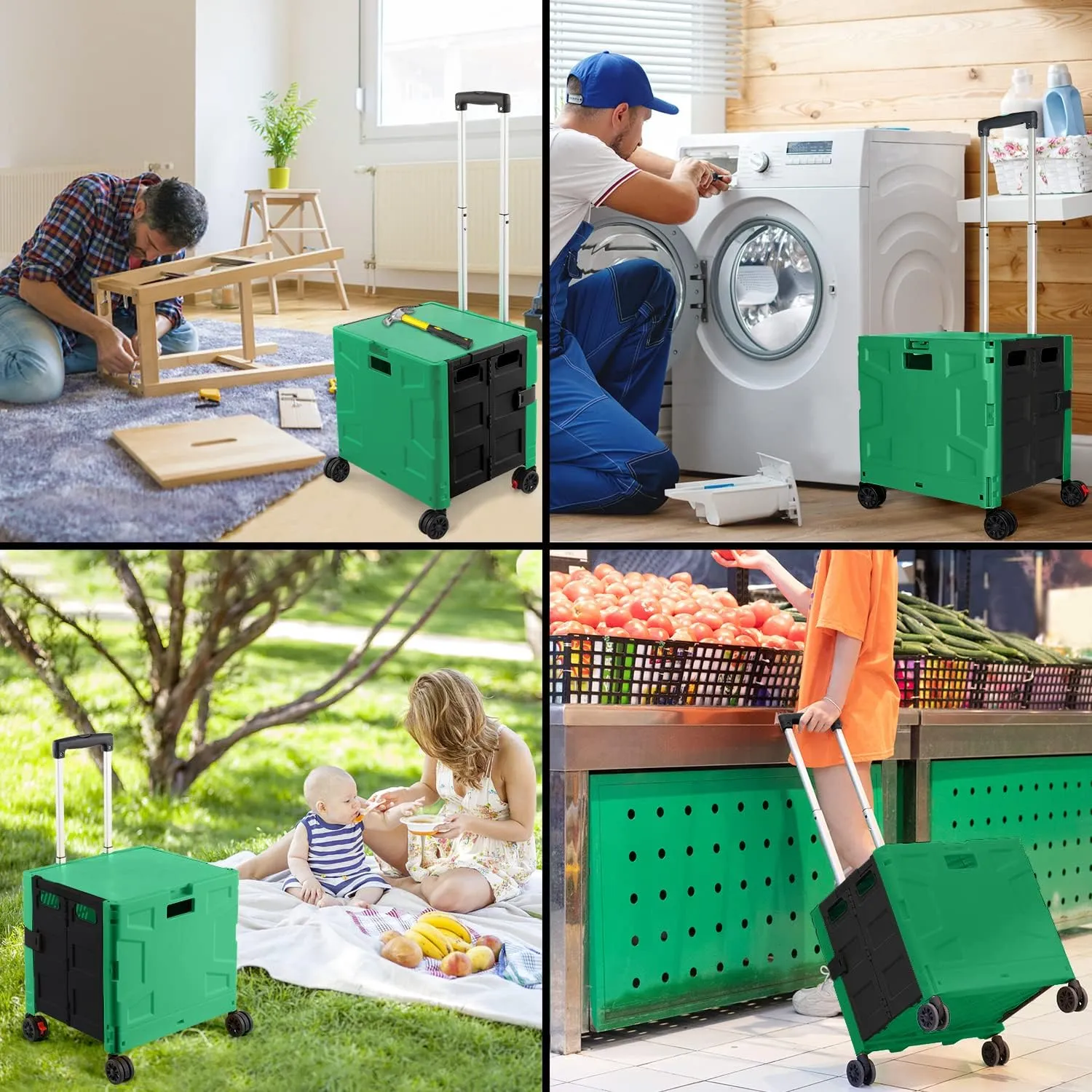 Foldable Shopping Utility Cart Portable Rolling Crate Handcart with 360°Rotate Wheel,Hidden Lid,Telescoping Handle Collapsible for Travel Shopping Moving Storage Office Use(DarkGreen)