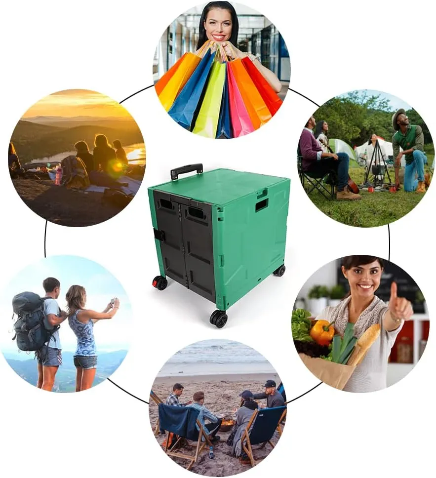 Foldable Shopping Utility Cart Portable Rolling Crate Handcart with 360°Rotate Wheel,Hidden Lid,Telescoping Handle Collapsible for Travel Shopping Moving Storage Office Use(DarkGreen)