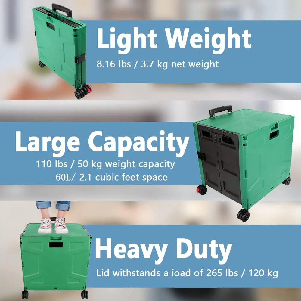 Foldable Shopping Utility Cart Portable Rolling Crate Handcart with 360°Rotate Wheel,Hidden Lid,Telescoping Handle Collapsible for Travel Shopping Moving Storage Office Use(DarkGreen)