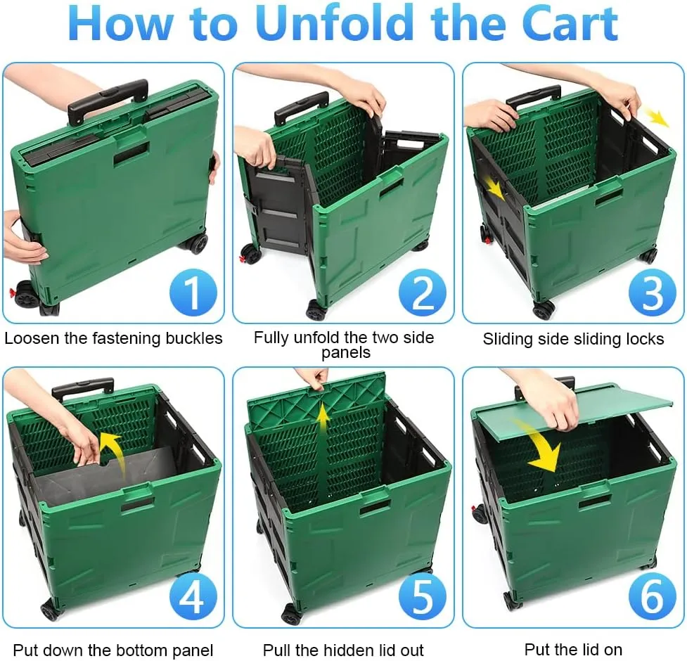 Foldable Shopping Utility Cart Portable Rolling Crate Handcart with 360°Rotate Wheel,Hidden Lid,Telescoping Handle Collapsible for Travel Shopping Moving Storage Office Use(DarkGreen)
