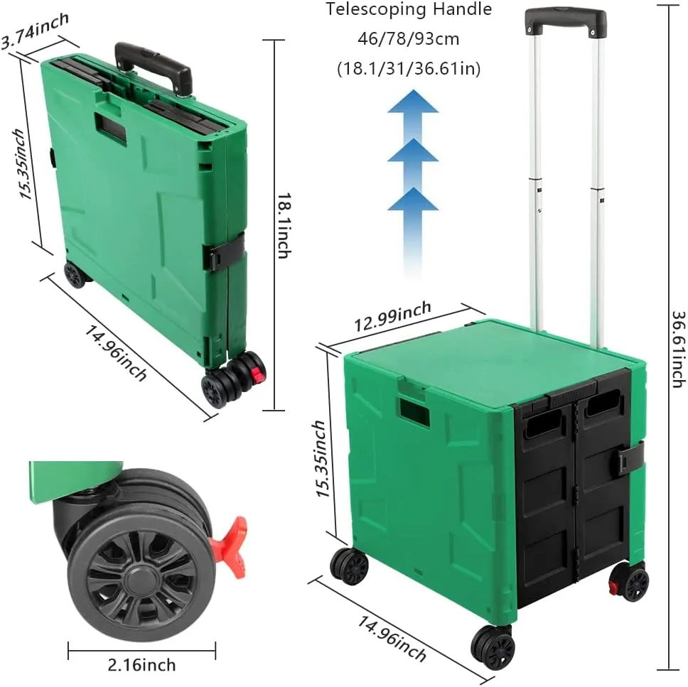 Foldable Shopping Utility Cart Portable Rolling Crate Handcart with 360°Rotate Wheel,Hidden Lid,Telescoping Handle Collapsible for Travel Shopping Moving Storage Office Use(DarkGreen)