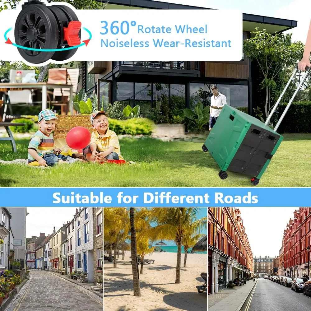 Foldable Shopping Utility Cart Portable Rolling Crate Handcart with 360°Rotate Wheel,Hidden Lid,Telescoping Handle Collapsible for Travel Shopping Moving Storage Office Use(DarkGreen)