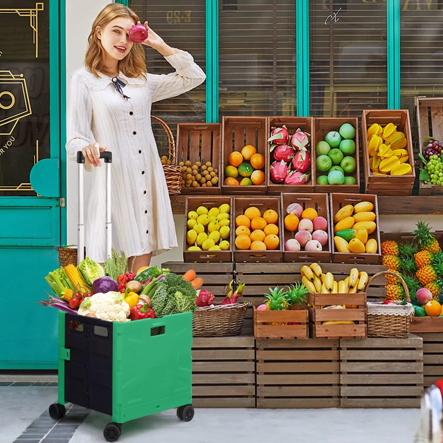 Foldable Shopping Utility Cart Portable Rolling Crate Handcart with 360°Rotate Wheel,Hidden Lid,Telescoping Handle Collapsible for Travel Shopping Moving Storage Office Use(DarkGreen)