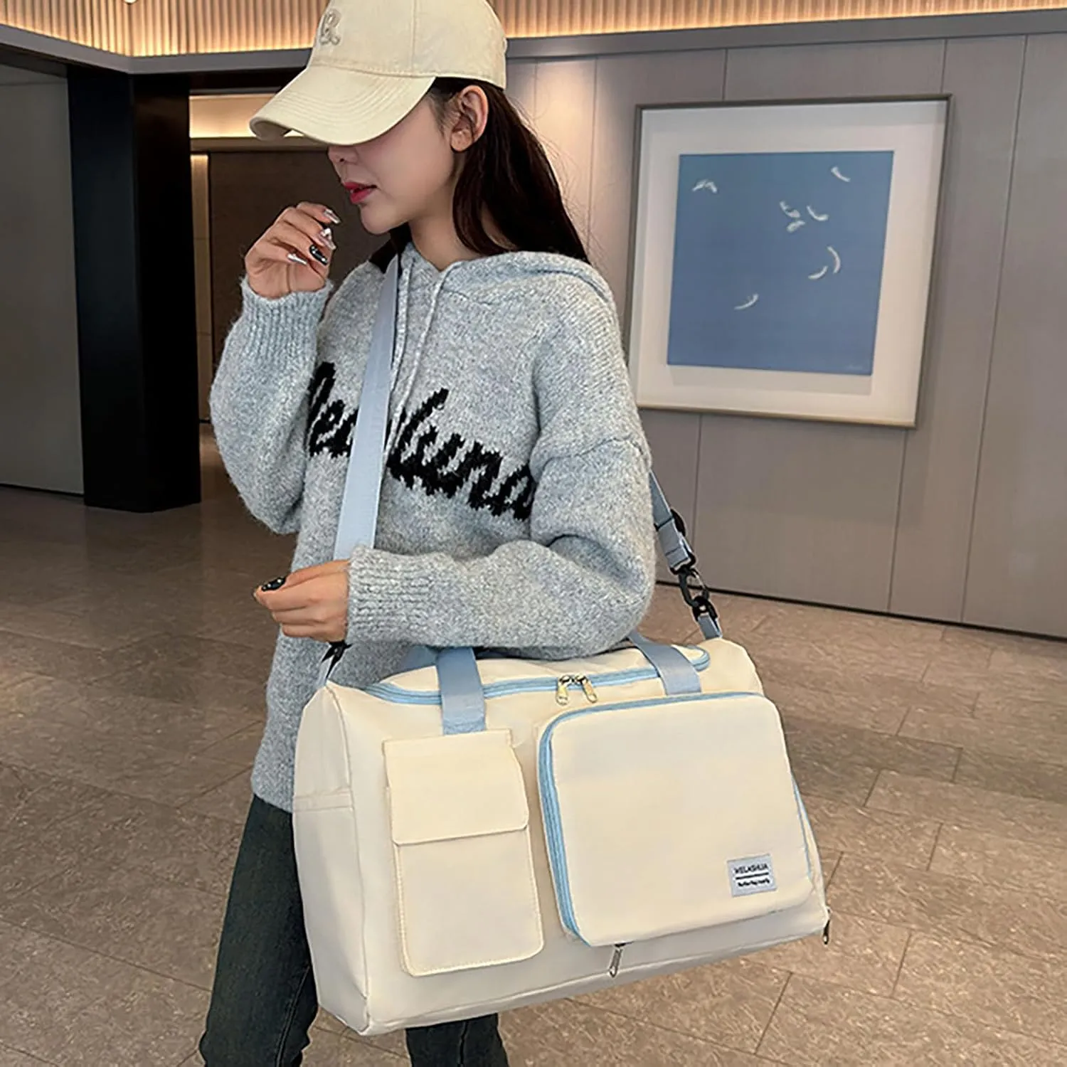 Foldable Tote Travel Duffel Bag Dry Wet Separation Sports Duffle Bag with Shoes Compartment Weekender Overnight Bag for Women (White Blue)