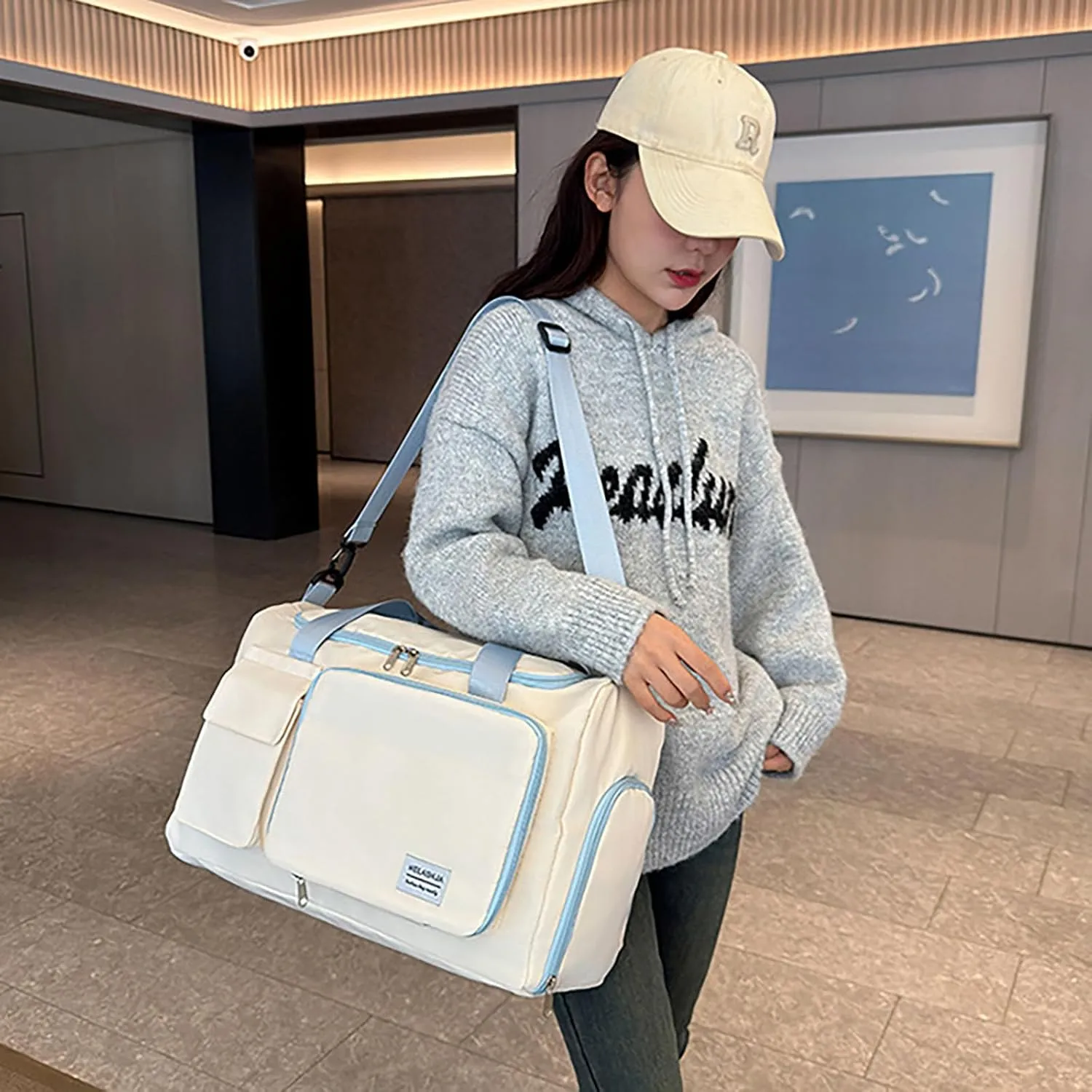 Foldable Tote Travel Duffel Bag Dry Wet Separation Sports Duffle Bag with Shoes Compartment Weekender Overnight Bag for Women (White Blue)