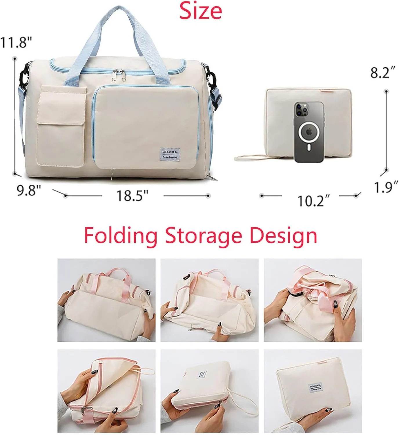 Foldable Tote Travel Duffel Bag Dry Wet Separation Sports Duffle Bag with Shoes Compartment Weekender Overnight Bag for Women (White Blue)
