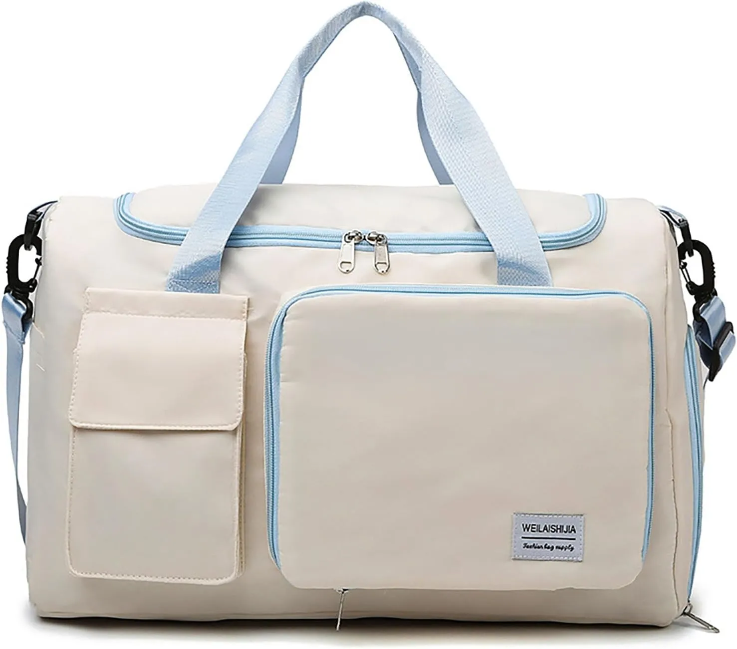 Foldable Tote Travel Duffel Bag Dry Wet Separation Sports Duffle Bag with Shoes Compartment Weekender Overnight Bag for Women (White Blue)