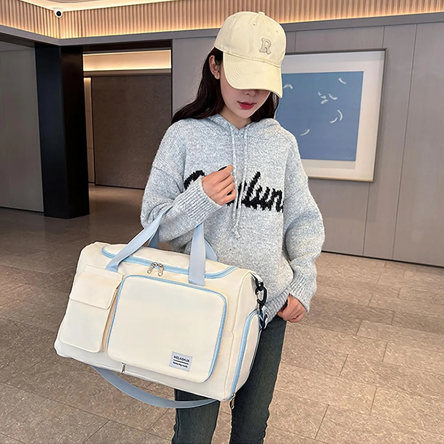 Foldable Tote Travel Duffel Bag Dry Wet Separation Sports Duffle Bag with Shoes Compartment Weekender Overnight Bag for Women (White Blue)