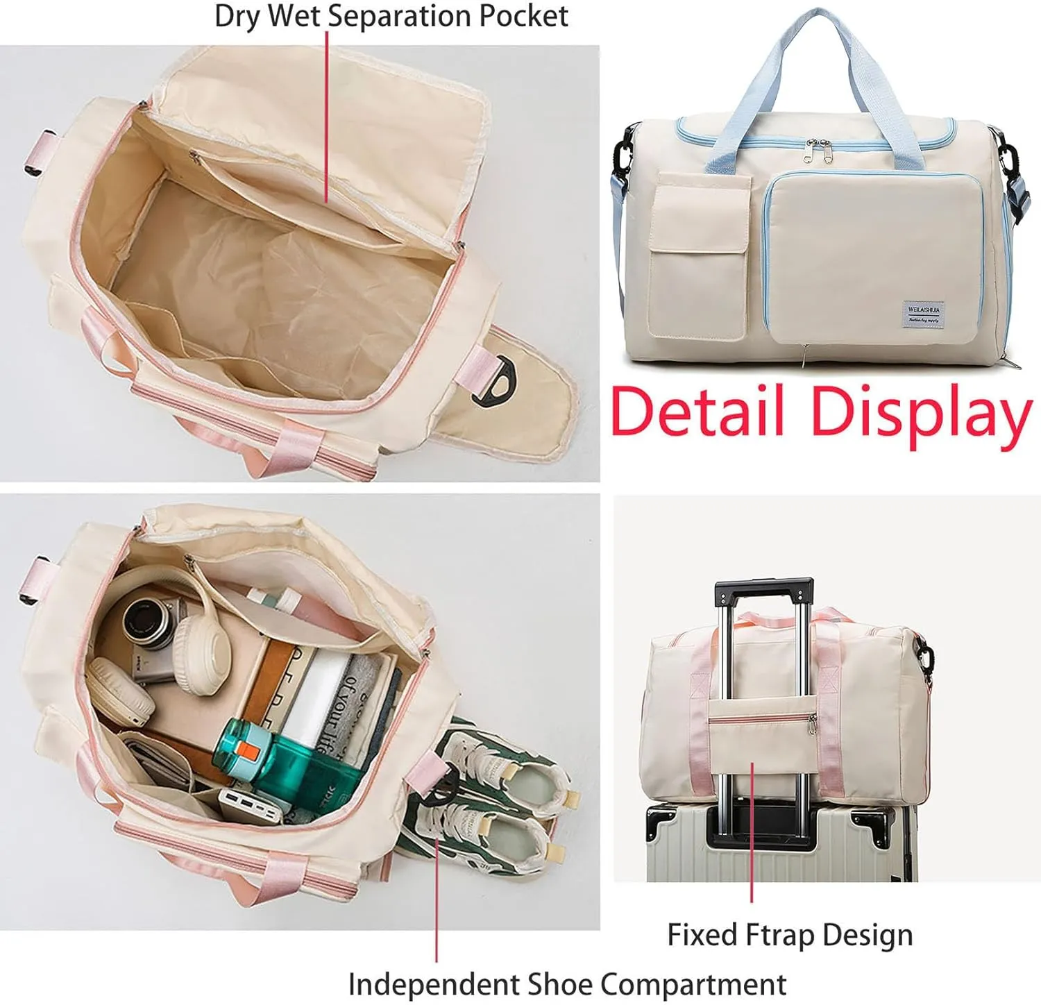 Foldable Tote Travel Duffel Bag Dry Wet Separation Sports Duffle Bag with Shoes Compartment Weekender Overnight Bag for Women (White Blue)