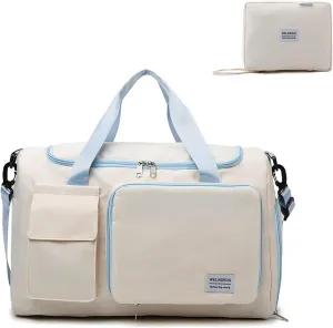 Foldable Tote Travel Duffel Bag Dry Wet Separation Sports Duffle Bag with Shoes Compartment Weekender Overnight Bag for Women (White Blue)