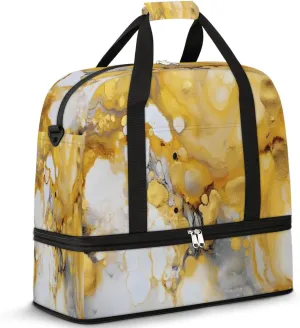 Foldable Travel Duffel Bag Tote Carry on Luggage Bag Alcohol Ink Yellow Marble Sports Gym Bag with Shoes Compartment Small Overnight Weekender Bag for Women Men