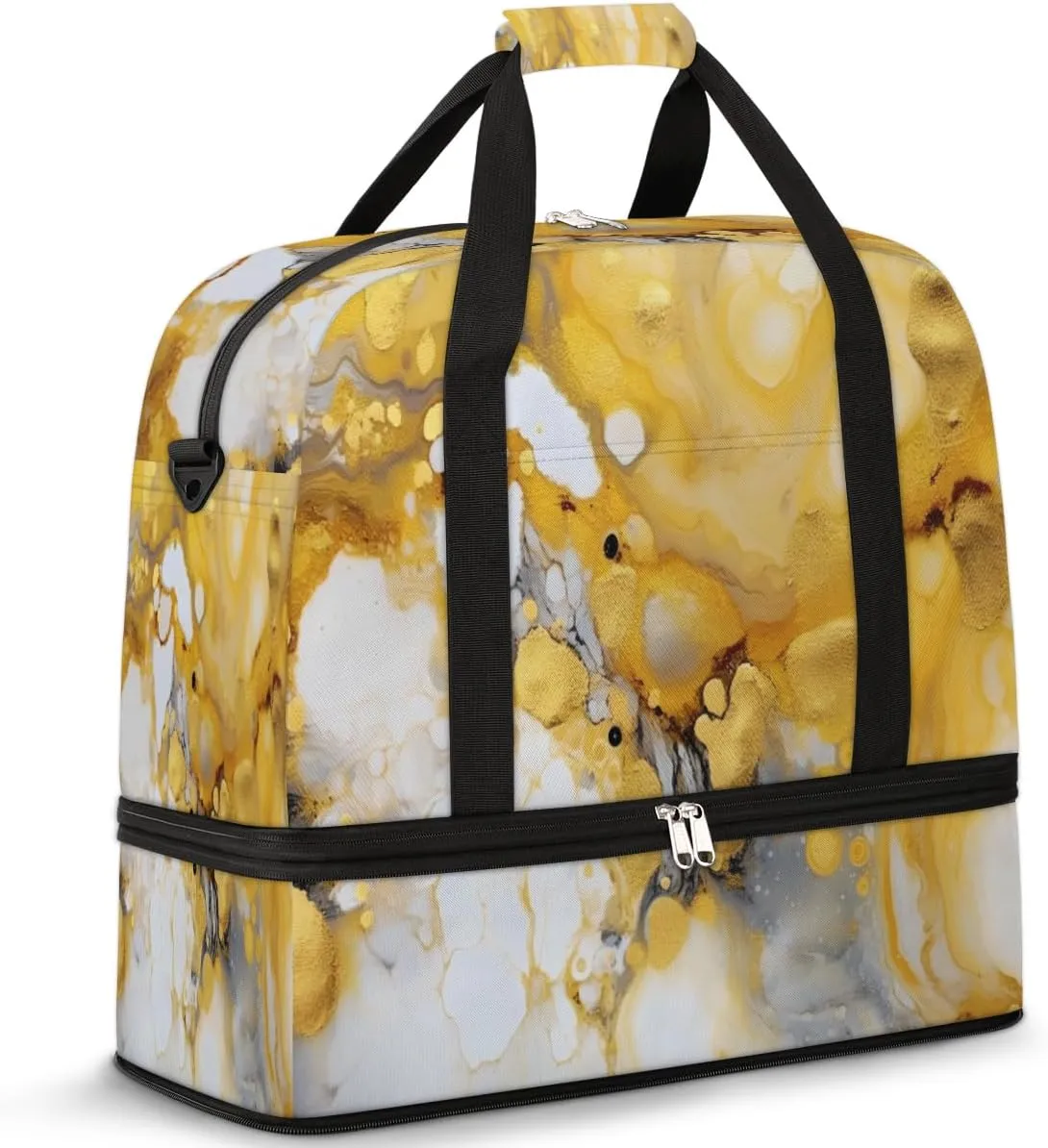 Foldable Travel Duffel Bag Tote Carry on Luggage Bag Alcohol Ink Yellow Marble Sports Gym Bag with Shoes Compartment Small Overnight Weekender Bag for Women Men