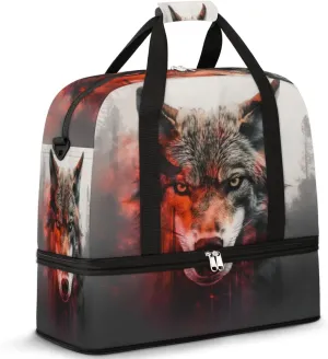Foldable Travel Duffel Bag Tote Carry on Luggage Bag Angry Wolf In Forest Sports Gym Bag with Shoes Compartment Small Overnight Weekender Bag for Women Men