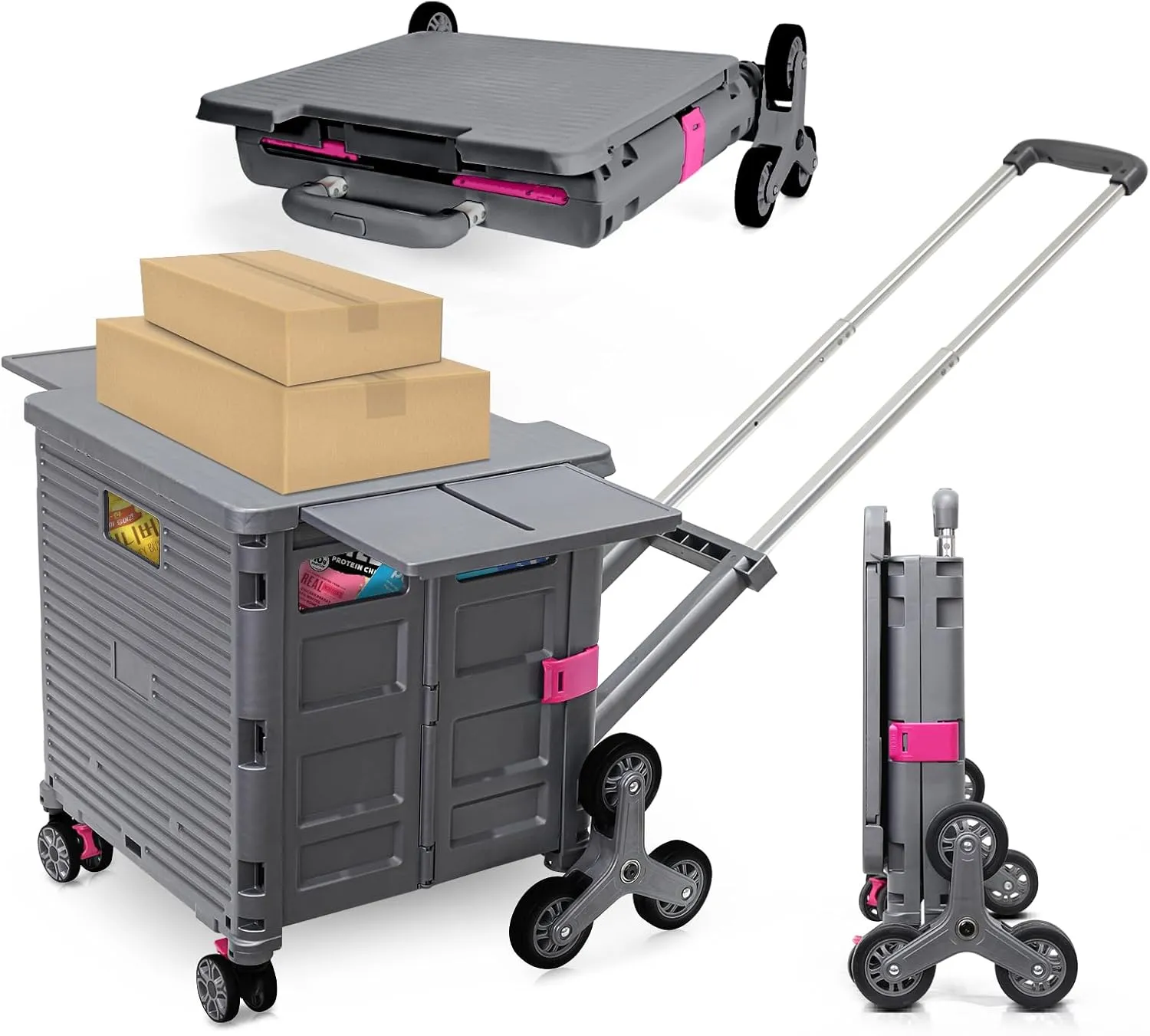 Foldable Utility Cart with Stair Climbing Wheels,Collapsible Rolling Crate with Magnetic Lid Telescopic Cover,Adjustable Telescoping Handle,360° Rotate Wheel Hand Cart for Teacher Shopping Moving