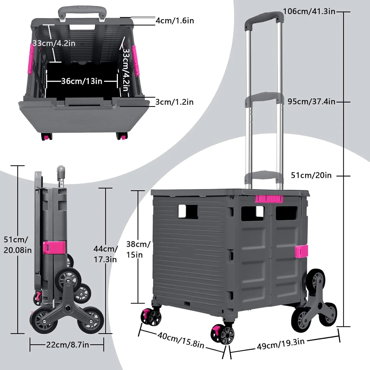 Foldable Utility Cart with Stair Climbing Wheels,Collapsible Rolling Crate with Magnetic Lid Telescopic Cover,Adjustable Telescoping Handle,360° Rotate Wheel Hand Cart for Teacher Shopping Moving