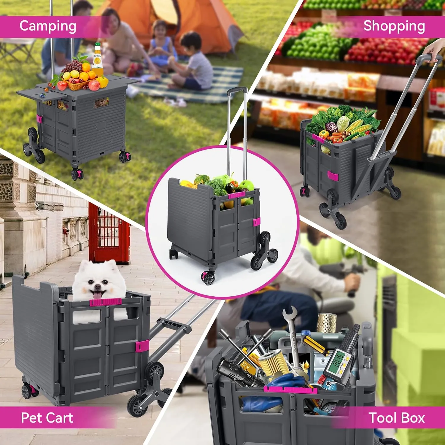 Foldable Utility Cart with Stair Climbing Wheels,Collapsible Rolling Crate with Magnetic Lid Telescopic Cover,Adjustable Telescoping Handle,360° Rotate Wheel Hand Cart for Teacher Shopping Moving