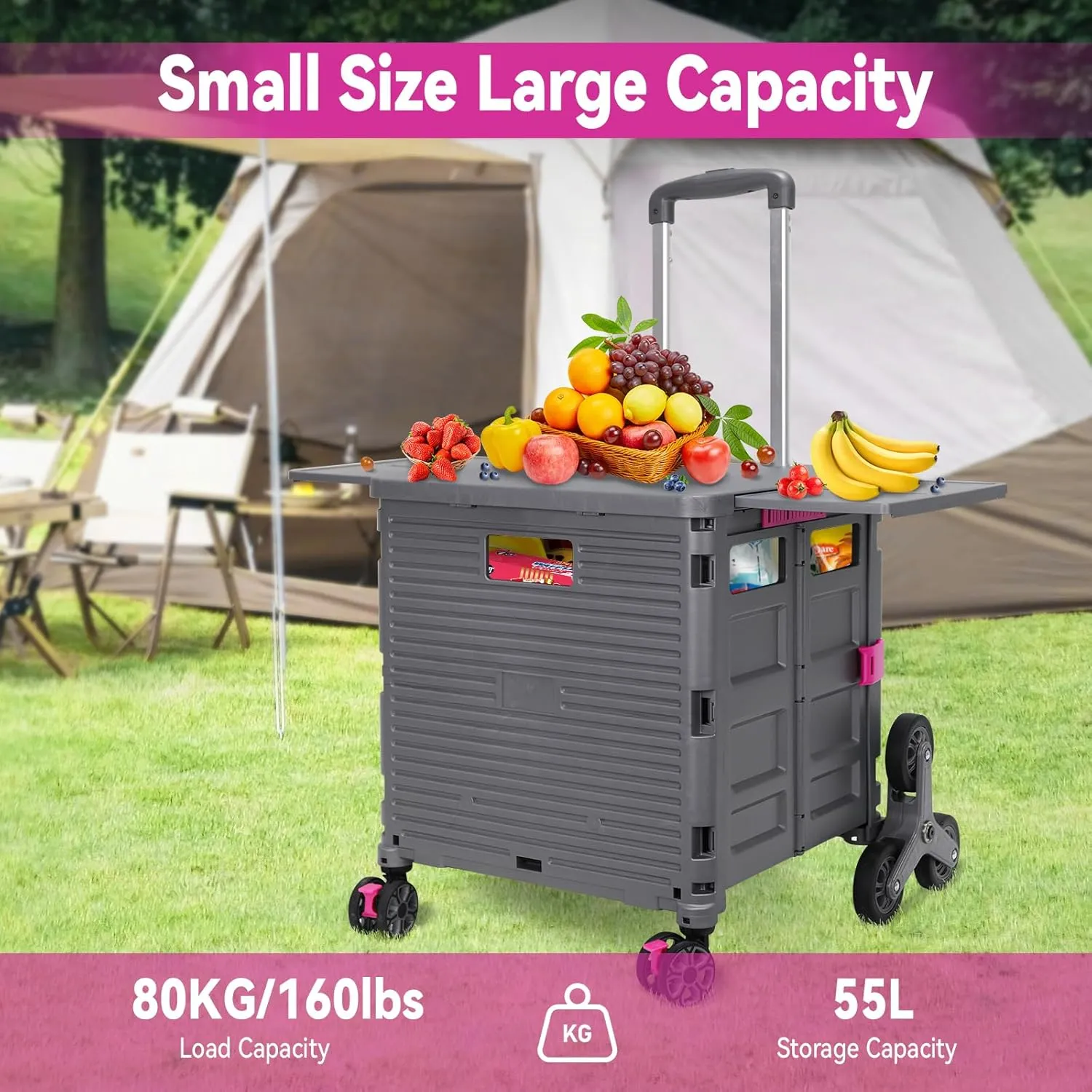 Foldable Utility Cart with Stair Climbing Wheels,Collapsible Rolling Crate with Magnetic Lid Telescopic Cover,Adjustable Telescoping Handle,360° Rotate Wheel Hand Cart for Teacher Shopping Moving