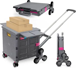 Foldable Utility Cart with Stair Climbing Wheels,Collapsible Rolling Crate with Magnetic Lid Telescopic Cover,Adjustable Telescoping Handle,360° Rotate Wheel Hand Cart for Teacher Shopping Moving