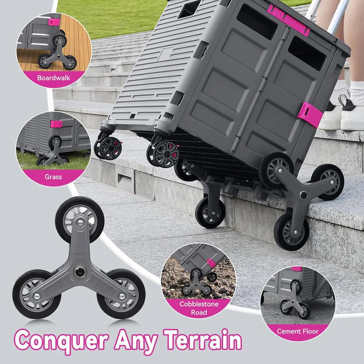 Foldable Utility Cart with Stair Climbing Wheels,Collapsible Rolling Crate with Magnetic Lid Telescopic Cover,Adjustable Telescoping Handle,360° Rotate Wheel Hand Cart for Teacher Shopping Moving