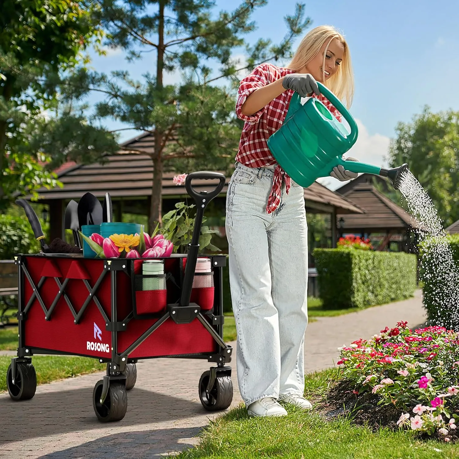 Folding Wagon Cart with Wheels Foldable - Collapsible Wagons Carts Heavy Duty, Fold Up Portable Utility Wagon for Grocery Beach Sports Fishing Camping Shopping Wine red