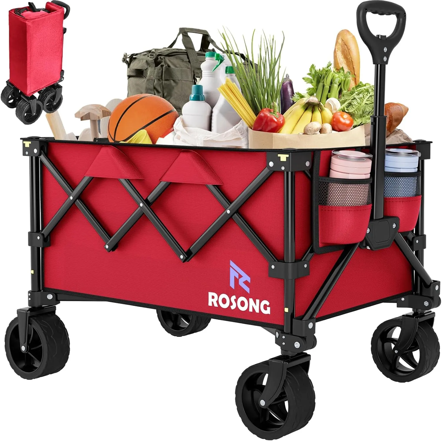 Folding Wagon Cart with Wheels Foldable - Collapsible Wagons Carts Heavy Duty, Fold Up Portable Utility Wagon for Grocery Beach Sports Fishing Camping Shopping Wine red