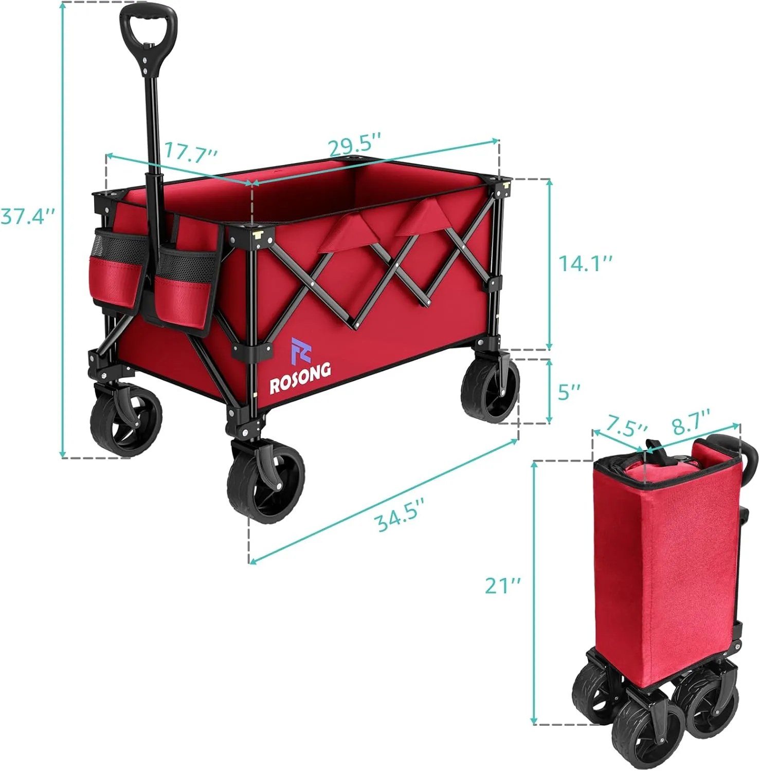 Folding Wagon Cart with Wheels Foldable - Collapsible Wagons Carts Heavy Duty, Fold Up Portable Utility Wagon for Grocery Beach Sports Fishing Camping Shopping Wine red