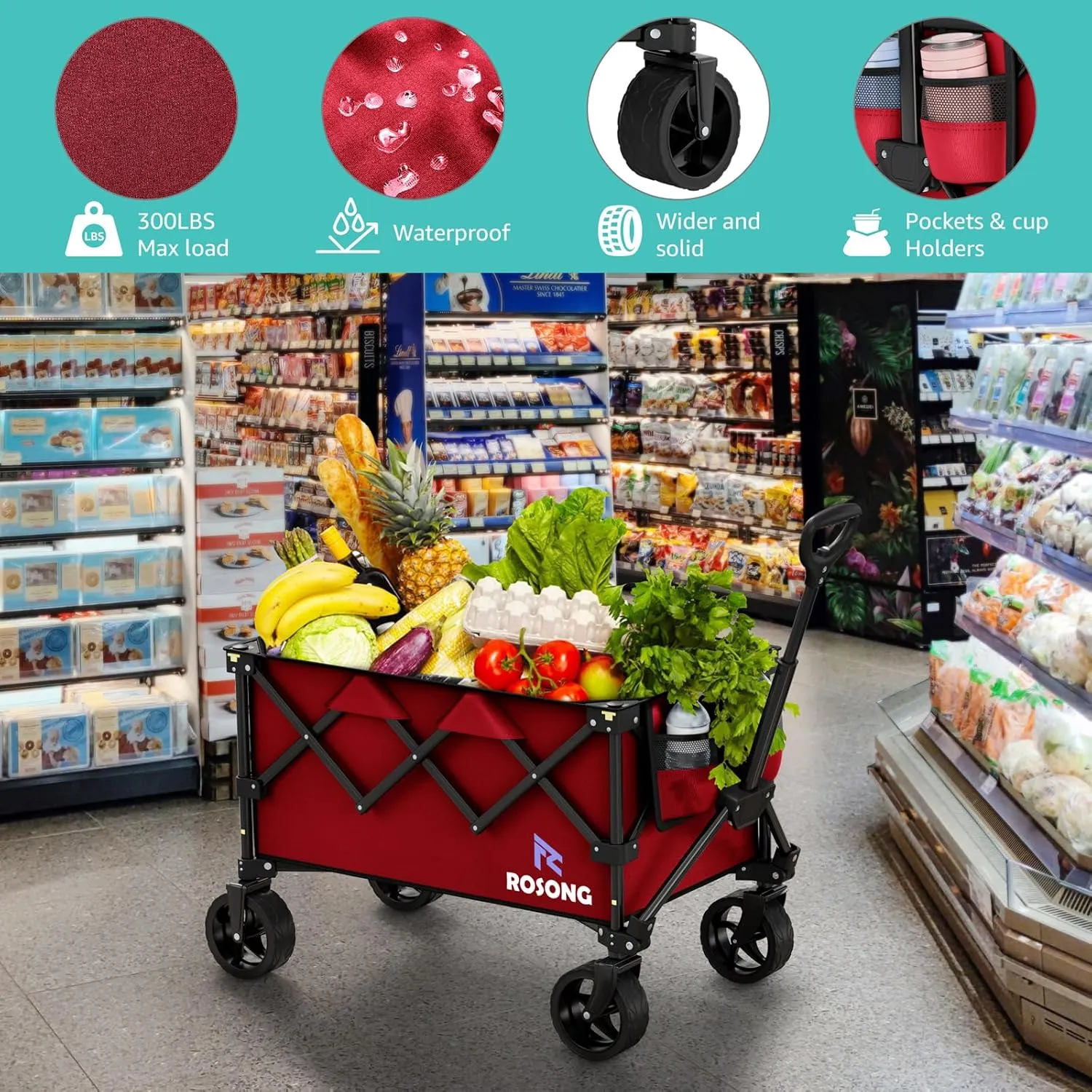 Folding Wagon Cart with Wheels Foldable - Collapsible Wagons Carts Heavy Duty, Fold Up Portable Utility Wagon for Grocery Beach Sports Fishing Camping Shopping Wine red