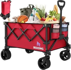 Folding Wagon Cart with Wheels Foldable - Collapsible Wagons Carts Heavy Duty, Fold Up Portable Utility Wagon for Grocery Beach Sports Fishing Camping Shopping Wine red